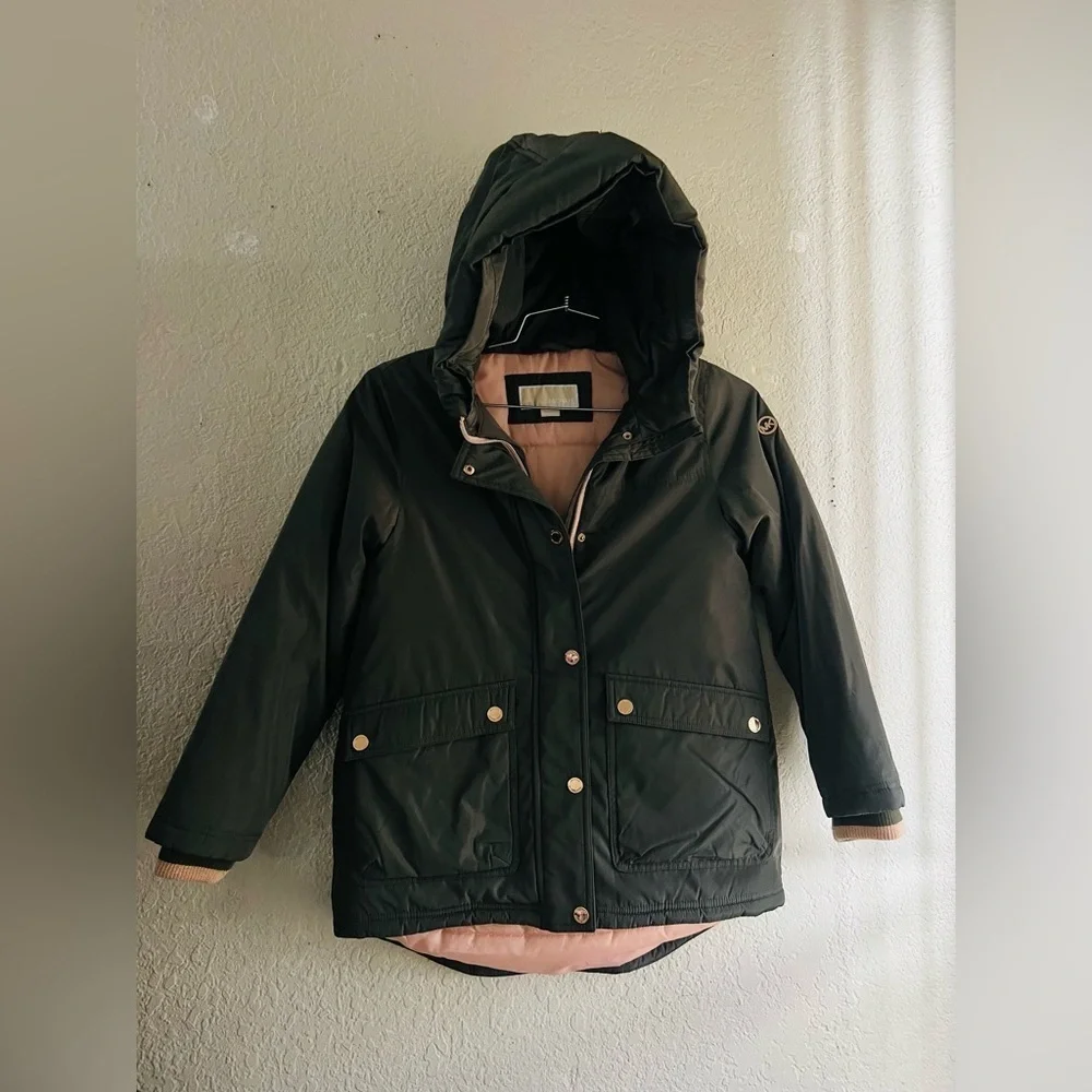 Michael Kors Puffer  jacket Coat Size 10/12 olive green and rose gold